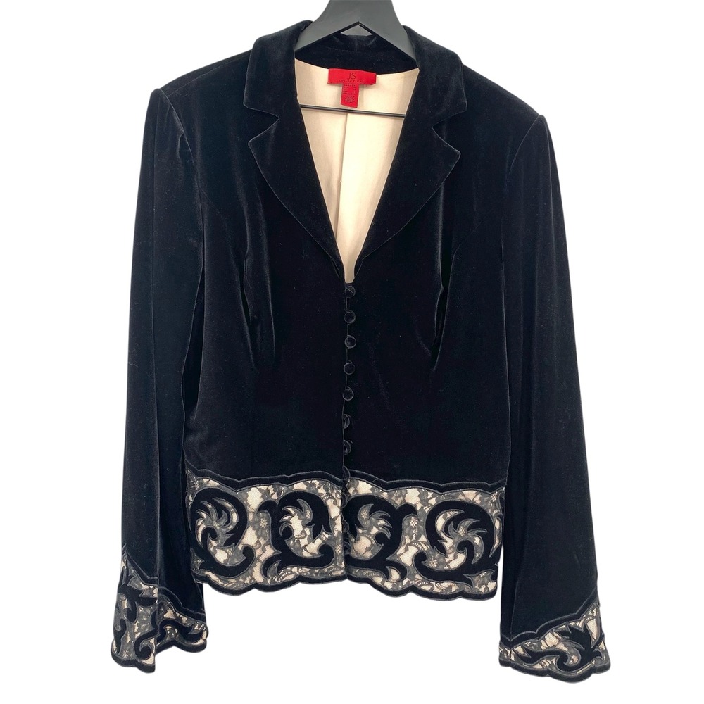 JS Collections‎ Black Velvet Blazer Jacket Lace Trim Elegant Party Whimsygoth